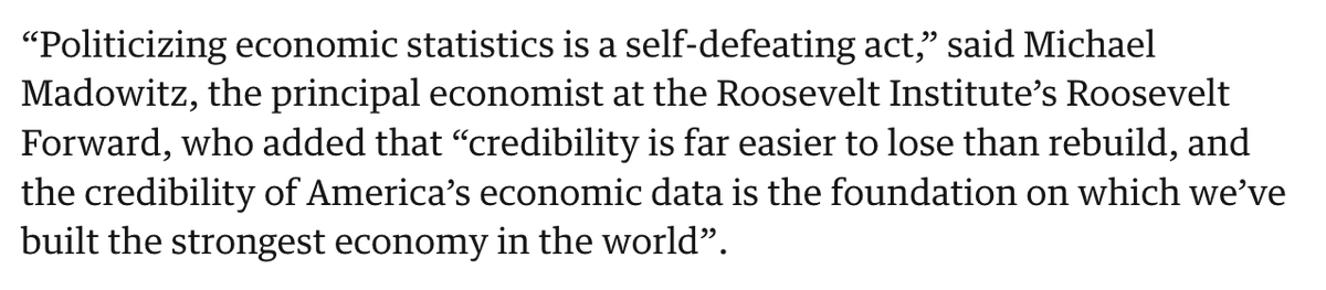 Roosevelt Forward (@rooseveltfwd) on Twitter photo The firing of the labor stats chief isn’t about data—it’s about power and eroding trust in our institutions.
As <a href="/mikemadowitz/">Michael Madowitz</a> says, credibility is easier to lose than rebuild. And America’s economy runs on trusted data. theguardian.com/us-news/2025/a… The firing of the labor stats chief isn’t about data—it’s about power and eroding trust in our institutions.
As <a href="/mikemadowitz/">Michael Madowitz</a> says, credibility is easier to lose than rebuild. And America’s economy runs on trusted data. theguardian.com/us-news/2025/a…