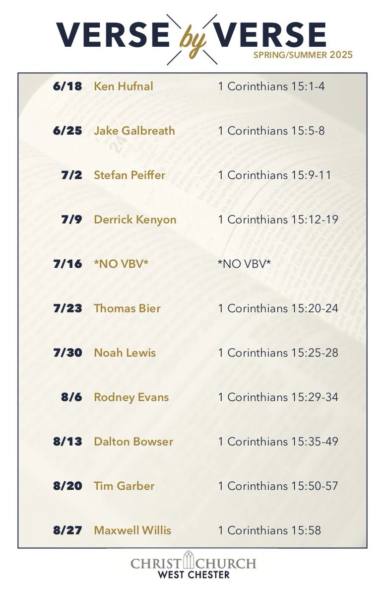 Christ Church West Chester (@christchurchwc) on Twitter photo Join us tomorrow at 6:00PM for weekly inductive Bible study, Verse By Verse, as we continue our study in 1 Corinthians 15! All are welcome! Childcare is provided. Join us tomorrow at 6:00PM for weekly inductive Bible study, Verse By Verse, as we continue our study in 1 Corinthians 15! All are welcome! Childcare is provided.