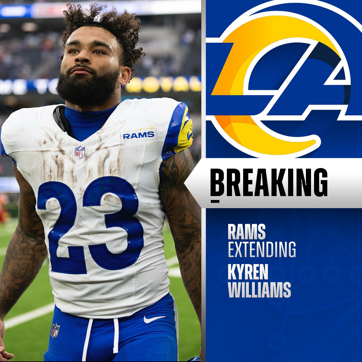 NFL (@nfl) on Twitter photo Rams, RB Kyren Williams agree to three-year, $33M extension. (via <a href="/RapSheet/">Ian Rapoport</a>) Rams, RB Kyren Williams agree to three-year, $33M extension. (via <a href="/RapSheet/">Ian Rapoport</a>)