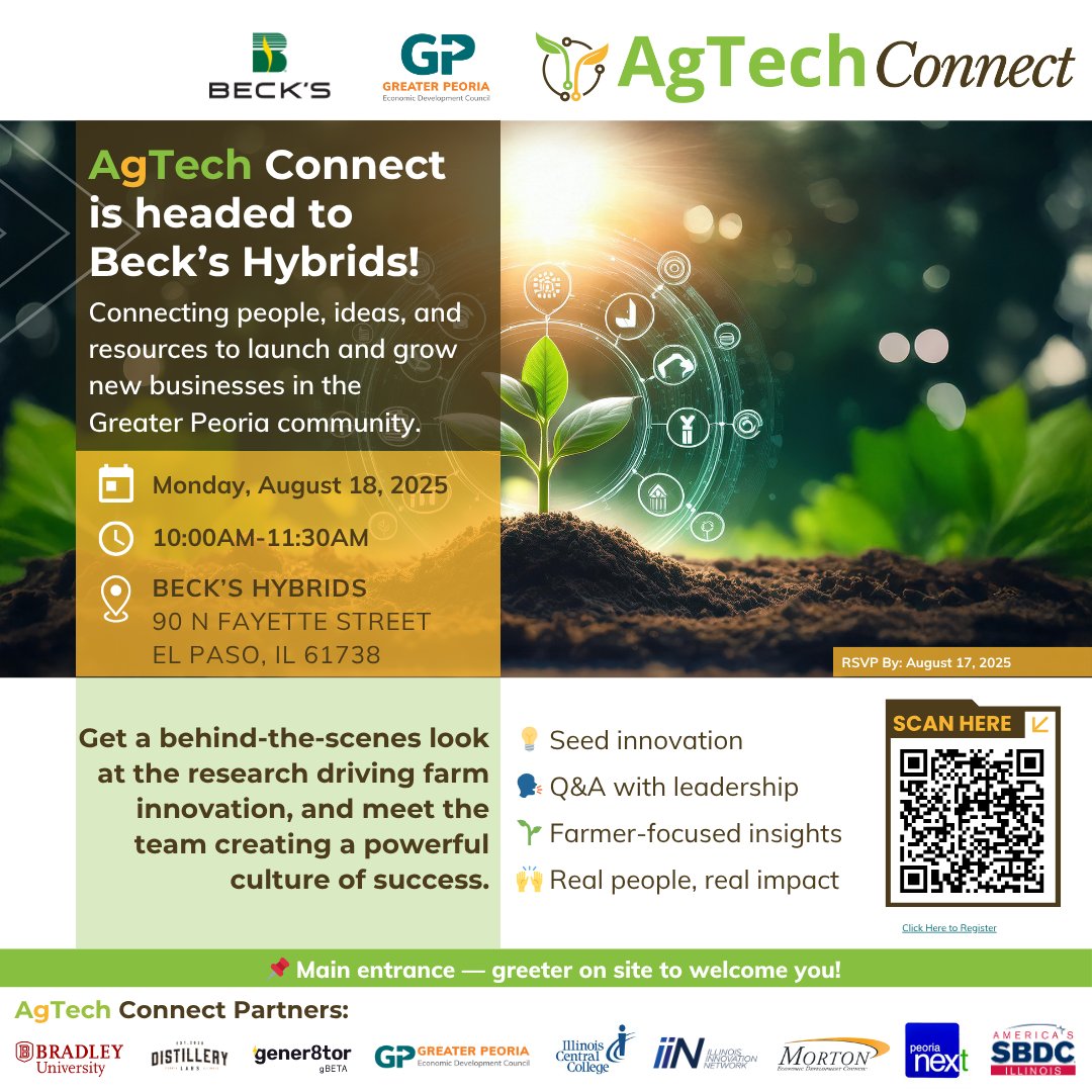 🌾 Two weeks to go until AgTech Connect at Beck’s Hybrids!

📅 Monday, Aug. 18 | 🕙 10:00–11:30 AM
📍 El Paso, IL

Explore seed innovation, engage with leadership, and connect with the AgTech community.

⏳ RSVP by Aug. 17: ow.ly/GJMs50WzxUS

#AgTechConnect #GreaterPeoria