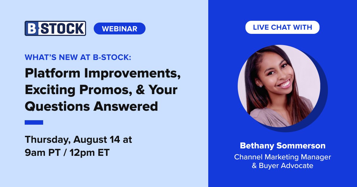 bstocksol's tweet image. Get your questions answered live by the B-Stock team! Join our live webinar to learn how to:

✅ Source faster
✅ Catch seller promos
✅ Save time with new tools

🗓 Aug 14 | 9 AM PT

👉 Register: ow.ly/GM0F50Wzskk

#ResellerCommunity #SourcingTips #Recommerce