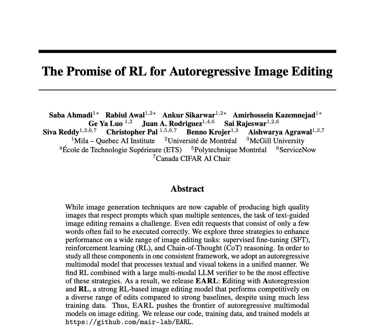 We built a new 𝗮𝘂𝘁𝗼𝗿𝗲𝗴𝗿𝗲𝘀𝘀𝗶𝘃𝗲 + 𝗥𝗟 image editing model using a strong verifier — and it beats SOTA diffusion baselines using 5× less data.
🔥 𝗘𝗔𝗥𝗟: a simple, scalable RL pipeline for high-quality, controllable edits.
🧵1/