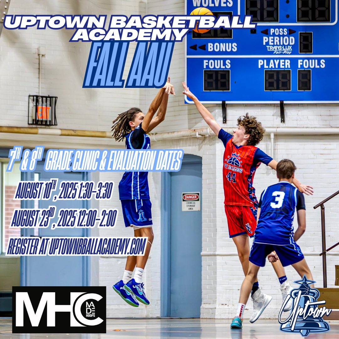 7th &amp; 8th Graders!
Uptown Basketball Academy is hosting 2 events this month that you won’t want to miss! 

Uptown Elite Prospect Clinic 
August 10th 1:30-3:30

Uptown Fall AAU Evaluations
August 23rd 12:00-2:00 

📍Our Mother of Good Counsel 

🔗 Register at the Link in our Bio