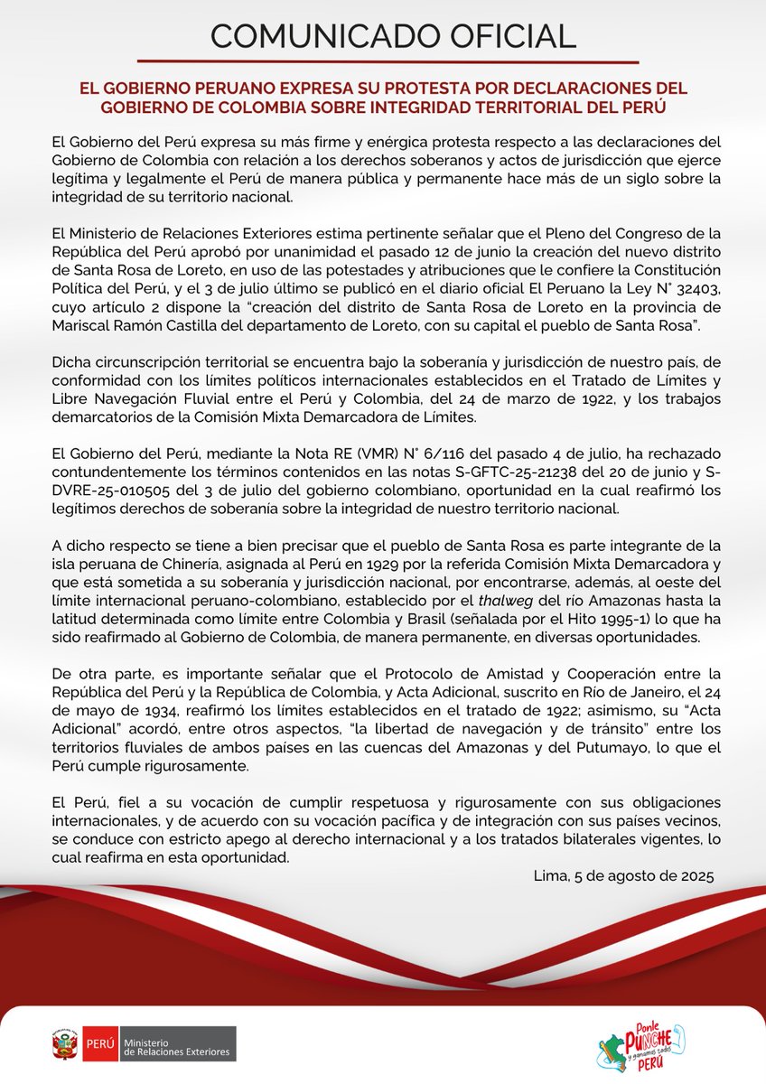 📄Comunicado Oficial 032-25: El Gobierno peruano expresa su protesta por declaraciones del Gobierno de Colombia sobre integridad territorial del Perú.

👉gob.pe/es/n/1221792