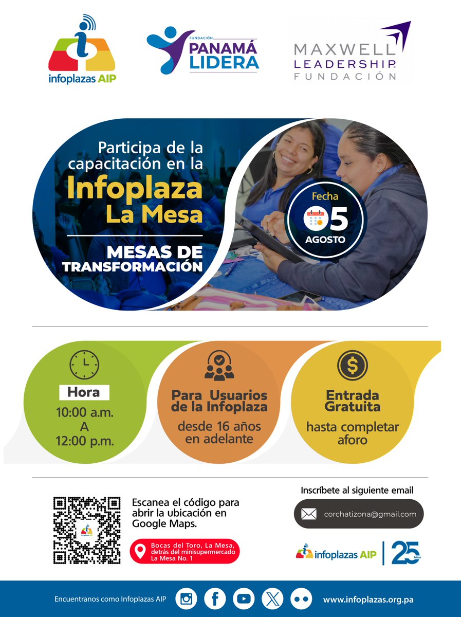 ✨ Transforma tu historia en la Infoplaza La Mesa
👥 Mesas de Transformación | 5 AGO | 10 a.m.–12 m.d.
📍 Bocas del Toro, Guabito (frente a SENAFRONT)
🎟 GRATIS +16 años (cupo limitado)
✉️ Reserva: omarserrut2@gmail.com
#CerrandoLaBrechaDigital #AlfabetizaciónDigital #Infoplazas