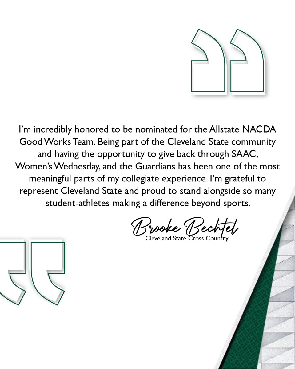 Cleveland State Athletics (@csu_athletics) on Twitter photo Incredibly proud of <a href="/CSU_XCTF/">Cleveland State Cross Country // Track & Field</a> Junior & <a href="/CSU_SAAC/">Cleveland State SAAC</a> Officer Brooke Bechtel for her work in the community, earning her a nomination for the <a href="/Allstate/">Allstate</a> <a href="/NACDA/">NACDA</a> #GoodWorksTeam๐
#GoVikes | #weareclestate Incredibly proud of <a href="/CSU_XCTF/">Cleveland State Cross Country // Track & Field</a> Junior & <a href="/CSU_SAAC/">Cleveland State SAAC</a> Officer Brooke Bechtel for her work in the community, earning her a nomination for the <a href="/Allstate/">Allstate</a> <a href="/NACDA/">NACDA</a> #GoodWorksTeam๐
#GoVikes | #weareclestate