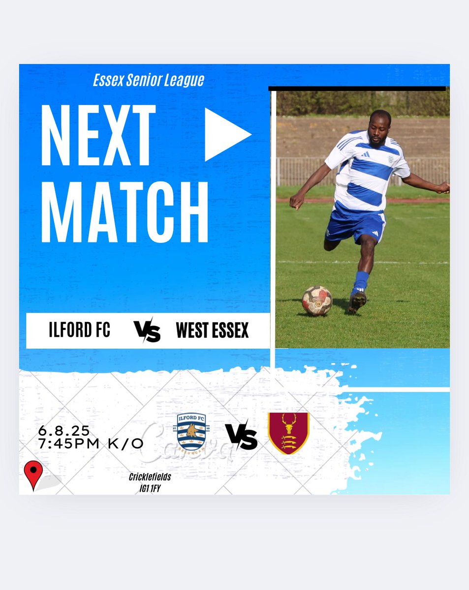Ilford FC (@ilfordfc1881) on Twitter photo Tomorrow night under the lights!!!!
We are back in <a href="/EssexSenior/">Essex Senior League</a> action and it’s our first home game of the season as we take on <a href="/westessexfc/">West Essex FC</a>
It’s a 7:45pm Kick Off
Printed programme ✅
Food and drink ✅
Non league football ✅
We hope to see you there 💙⚽️ Tomorrow night under the lights!!!!
We are back in <a href="/EssexSenior/">Essex Senior League</a> action and it’s our first home game of the season as we take on <a href="/westessexfc/">West Essex FC</a>
It’s a 7:45pm Kick Off
Printed programme ✅
Food and drink ✅
Non league football ✅
We hope to see you there 💙⚽️