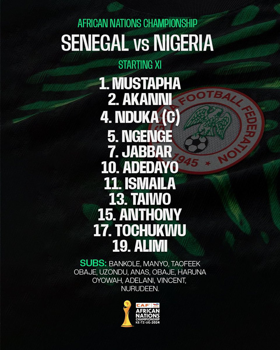 🇳🇬 Coach Eric Chelle names a solid lineup to kick off our #CHAN2024 campaign against defending champions 🇸🇳 Senegal.

🔥 Captain Nduka Jnr leads the charge!
🧤 Mustapha Lawal between the sticks
⚡ Eyes on Sikiru Alimi &amp; Anthony Ijoma up front!

Let’s get it, boys!

#SuperEaglesB