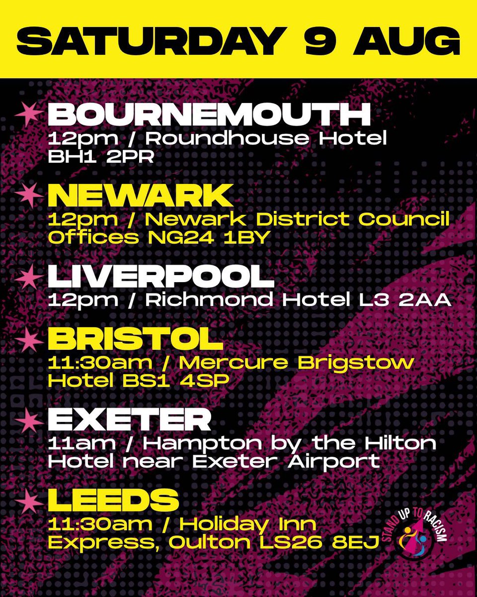 Far right demonstrations targeting hotels housing refugees have often led to racist attacks &amp; harassment. These demos are taking place again this weekend on Friday evening and Saturday daytime. Say no to racism! Stop the Far Right! Join the counter-demos ⬇️ #StopTheFarRight