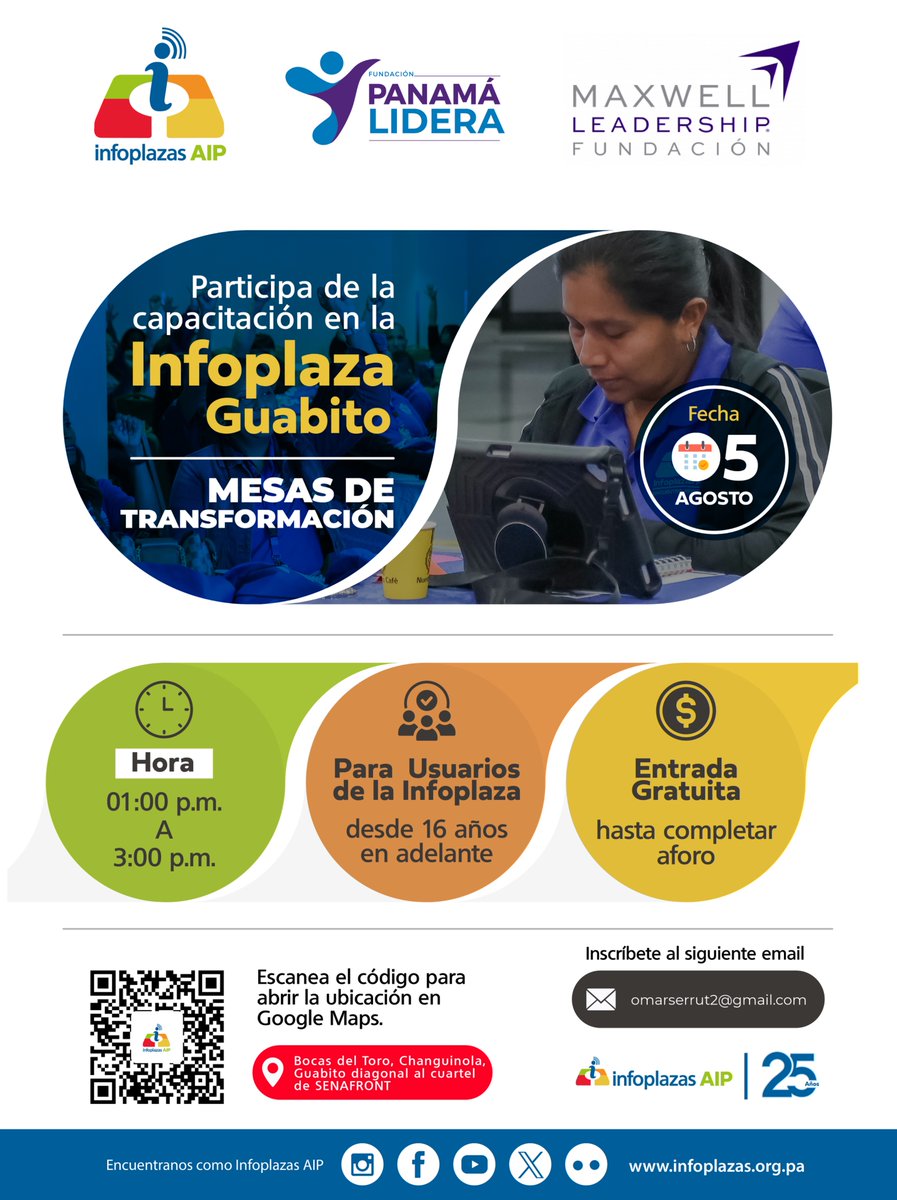 ✨ Transforma tu historia en la Infoplaza Guabito
👥 Mesas de Transformación | 5 AGO | 1 p.m.–3 p.m.
📍 Bocas del Toro, Guabito (frente a SENAFRONT)
🎟 GRATIS +16 años (cupo limitado)
✉️ Reserva: omarserrut2@gmail.com
#CerrandoLaBrechaDigital #AlfabetizaciónDigital #Infoplazas
