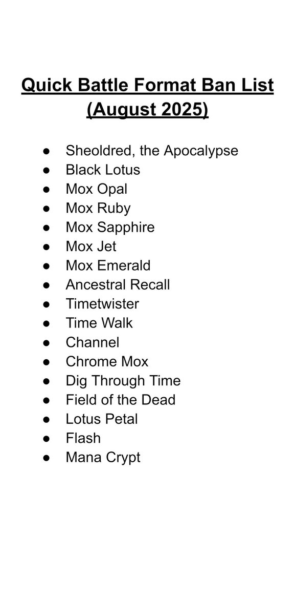 galaxyhap's tweet image. Hello there, everyone! From now on, the bans mentioned for this month are now in effect. With that in mind, a new ban list for September is officially announced. Hope you have the time to read these bans carefully for September.

#MagicTheGathering #QuickBattle #NewFormat