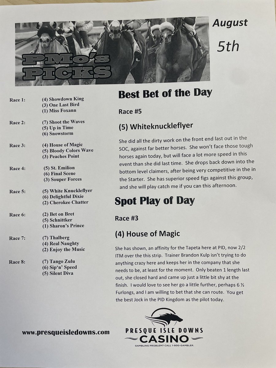 PMosPicks (@pmopicks) on Twitter photo Over the hump day here join us here <a href="/PID_Casino/">Presque Isle Downs & Casino</a> <a href="/TwinSpires/">TwinSpires Racing 🏇</a> <a href="/garypaljr/">Gary Palmisano</a> <a href="/PA_HBPA/">Pa HBPA</a> <a href="/PA_PHBA/">PA Bred</a> <a href="/Hinesite/">Nick J. Hines aka “Sarge” 🇺🇸</a> <a href="/BlaiseLBC/">Blaise Bollman</a> <a href="/PennHorseRacing/">PennHorseRacing</a> Over the hump day here join us here <a href="/PID_Casino/">Presque Isle Downs & Casino</a> <a href="/TwinSpires/">TwinSpires Racing 🏇</a> <a href="/garypaljr/">Gary Palmisano</a> <a href="/PA_HBPA/">Pa HBPA</a> <a href="/PA_PHBA/">PA Bred</a> <a href="/Hinesite/">Nick J. Hines aka “Sarge” 🇺🇸</a> <a href="/BlaiseLBC/">Blaise Bollman</a> <a href="/PennHorseRacing/">PennHorseRacing</a>