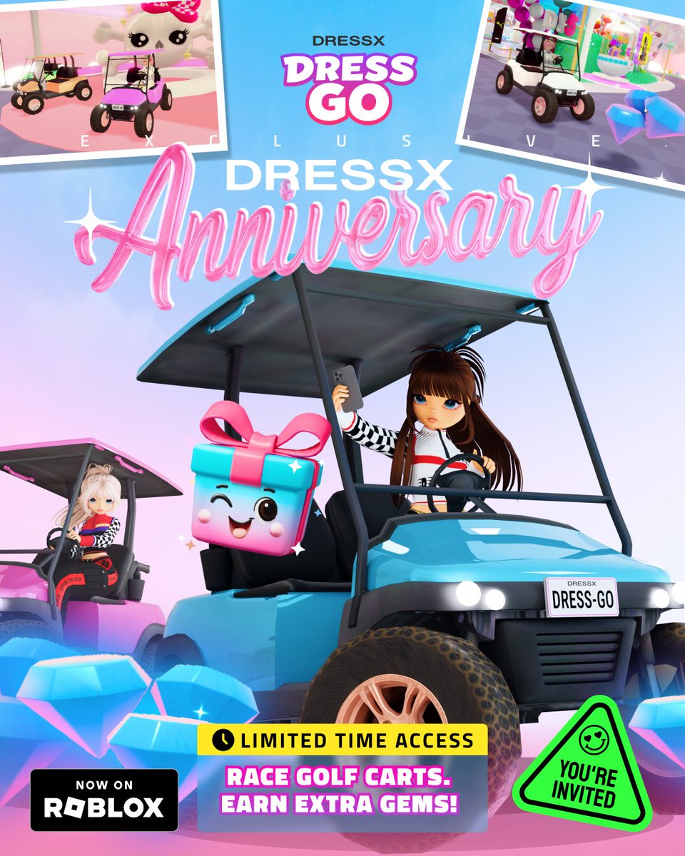 DRESSGO_game's tweet image. Don’t say we didn’t warn you 👀
The golf carts in DressGo disappear after August 10!

Cruise the map, grab those gems, and enjoy the ride while it lasts 💗🛞
This kind of glam getaway won’t be here forever.
Play now: tinyurl.com/hw7xtjxb 

#DressGo #RobloxFashion