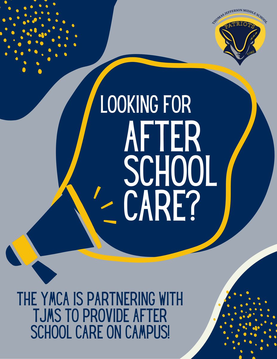 Thomas Jefferson Middle School (@tjeffersonms) on Twitter photo Looking for afterschool care for your TJMS student? Check out the afterschool program offered by the YMCA. Students remain on campus for this program. For more info contact Magan Russell at the Jerry Long YMCA, 336-712-2000 or m.russell@ymcanwnc.org. #TJMSAfterSchoolCare Looking for afterschool care for your TJMS student? Check out the afterschool program offered by the YMCA. Students remain on campus for this program. For more info contact Magan Russell at the Jerry Long YMCA, 336-712-2000 or m.russell@ymcanwnc.org. #TJMSAfterSchoolCare