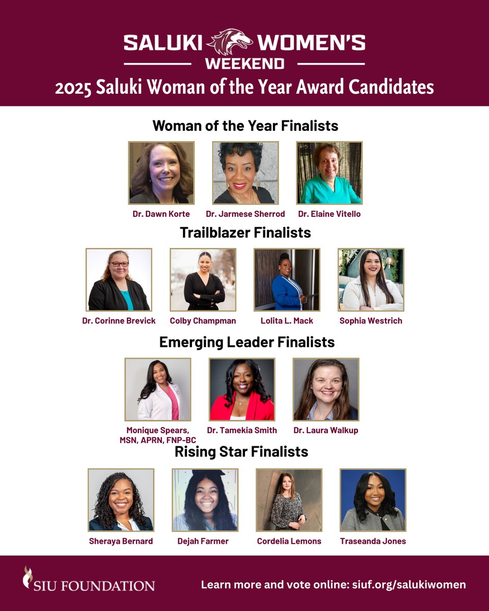 Meet the finalists for the 2025 Saluki Woman of the Year Awards. Cast your vote by Sept. 1. Winners will be recognized at the 4th Annual Saluki Women’s Weekend on Oct. 3. Learn more: siuf.org/events/saluki-…