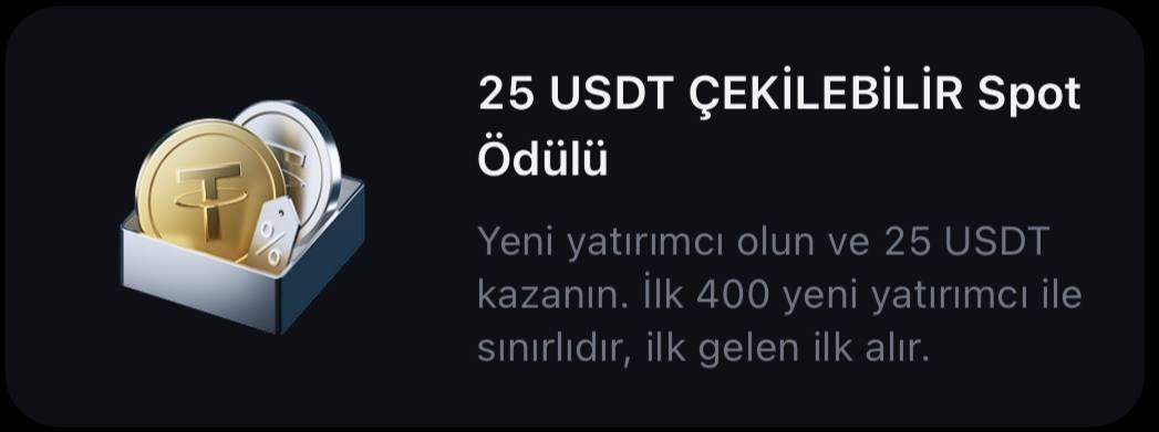 🎁 MEXC’den 25$ Çekilebilir Hediye!

1️⃣ MEXC’e üye ol: mexc.fm/tr-CT/campaign…
-Mobil için Referans : mexc-1cVa2

2️⃣ KYC (kimlik doğrulama) yap,hesabına mexc dışında bir borsadan 105$ yatır.

3️⃣ Vadeli işlemlerde 0 fee olmayan bir coin ile bir defa al sat yap, 25$ çekilebilir