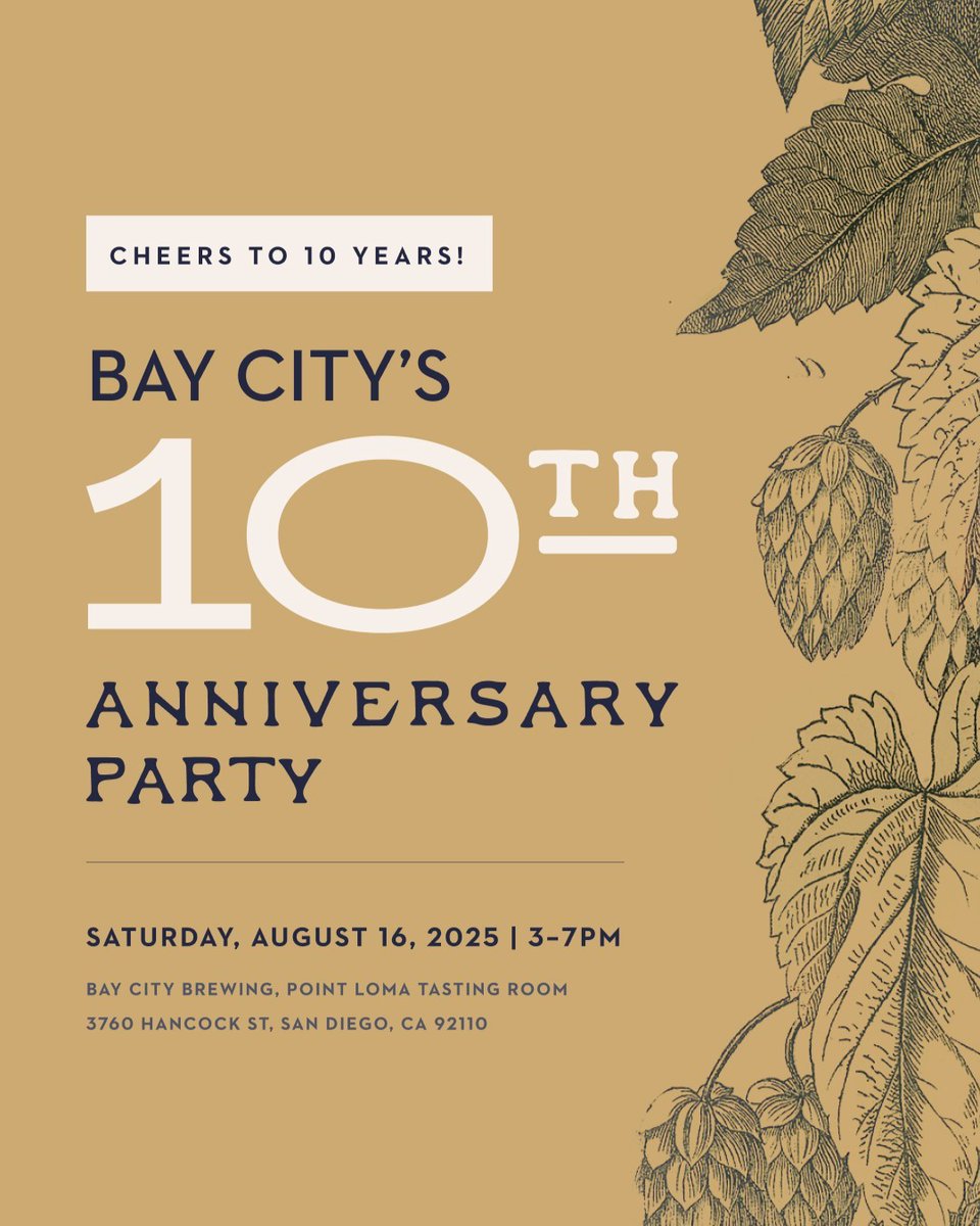 We're celebrating our 10th anniversary!

Join us August 16 for a full day of Bay City brews, music, and good times. Let’s raise a pint to a decade of beers by the bay! 

#BayCityBrewing #SanDiegoBrews #BayCityTurns10