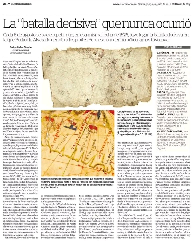 NUNCA los españoles tuvieron una batalla final contra los pipiles del Señorío de Cuzcatán en un día de la Transfiguración. Va de nuevo, desde mi #HemerotecaPersonal. #SalexCultural <a href="/EfemeridesSV/">C. C. Dinarte profesor</a>