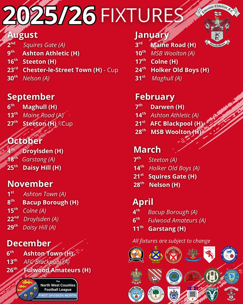 Thornton Cleveleys FC (@thorntonfc) on Twitter photo ๐บ๐ฌ๐จ๐บ๐ถ๐ต ๐ญ๐ฐ๐ฟ๐ป๐ผ๐น๐ฌ๐บ ๐ด
The anticipated fixture list for the season have finally been announced ๐๐ป๐๐ป
Plenty of notable fixtures for the diary with some good derbies too!
Canโt wait to welcome old faces and new down to Gamble Road for the new season
#TCFC #ALLRED ๐ด ๐บ๐ฌ๐จ๐บ๐ถ๐ต ๐ญ๐ฐ๐ฟ๐ป๐ผ๐น๐ฌ๐บ ๐ด
The anticipated fixture list for the season have finally been announced ๐๐ป๐๐ป
Plenty of notable fixtures for the diary with some good derbies too!
Canโt wait to welcome old faces and new down to Gamble Road for the new season
#TCFC #ALLRED ๐ด