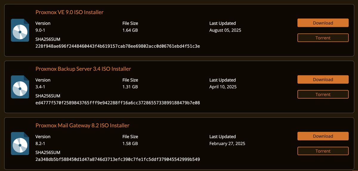 SoyITPro's tweet image. Ya puedes descargar los ISOs de #Proxmox VE 9.0

👉🏻 proxmox.com/en/downloads