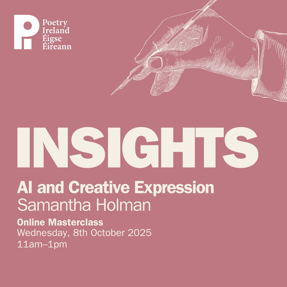 Poetry Ireland (@poetryireland) on Twitter photo INSIGHTS with Samantha Holman - AI and Creative Expression
📅October 8, 2025
🕜11am-1pm
💻Online masterclass
🎟️€10 admission
🔗Link in Bio
<a href="/artscouncil_ie/">The Arts Council / An Chomhairle Ealaíon</a> <a href="/ArtsCouncilNI/">Arts Council of Northern Ireland</a> INSIGHTS with Samantha Holman - AI and Creative Expression
📅October 8, 2025
🕜11am-1pm
💻Online masterclass
🎟️€10 admission
🔗Link in Bio
<a href="/artscouncil_ie/">The Arts Council / An Chomhairle Ealaíon</a> <a href="/ArtsCouncilNI/">Arts Council of Northern Ireland</a>