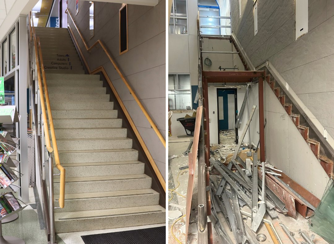 Here’s a behind-the-scenes peek at the demolition of our staircase! 🚧

Our new staircase will be relocated to the northeast corner of the building, in the space where the café used to be.

Curious about what’s coming? Check out the renderings at: addisonlibrary.org/renovation