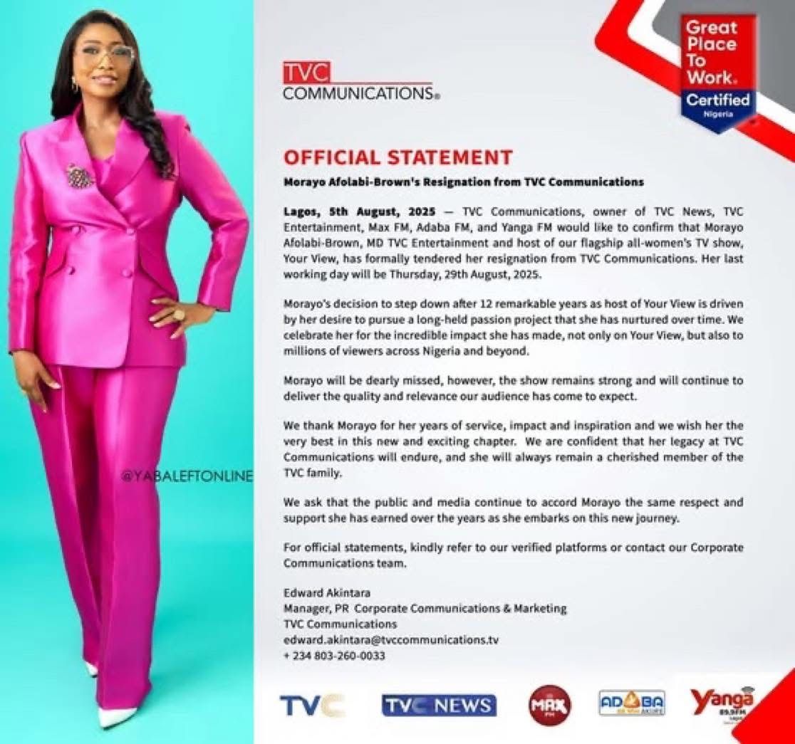 Media personality Morayo Afolabi-Brown resigns from TVC Communications after 12 remarkable years as a host.