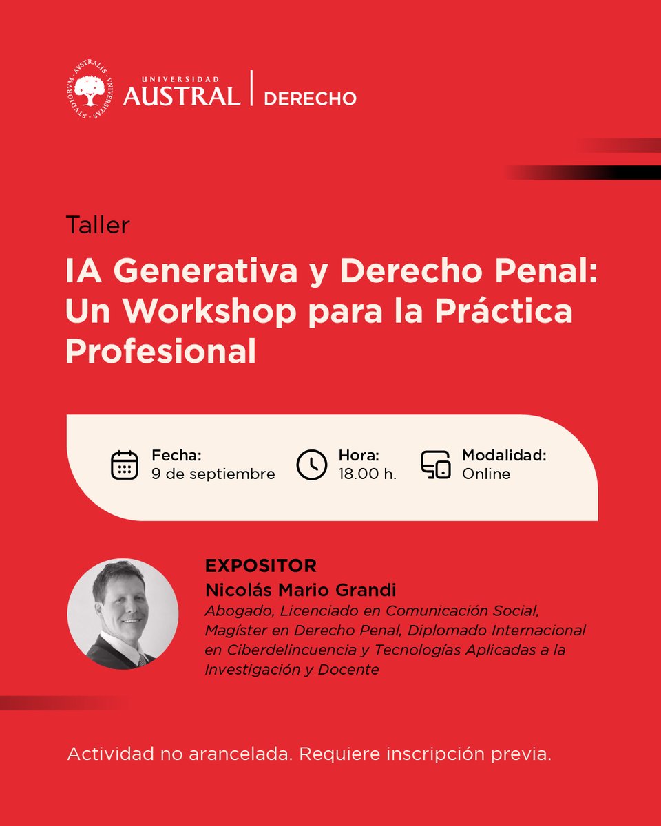 Sumate al Taller “IA Generativa y Derecho Penal: Un Workshop para la Práctica Profesional”

Con una mirada práctica, enfocada en casos reales,  vas a aprender a usarla, entender su alcance, sus límites y el marco normativo vigente.

🗓️ 9/9 - 💻Online

👉 cuf4.short.gy/8QG9Iw
