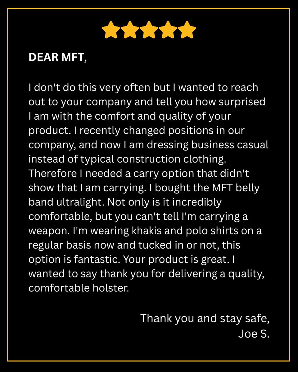 💬 "Your product is great. I wanted to say thank you for delivering a quality, comfortable holster."

#MissionFirstTactical #ConcealedCarry #EverydayCarry #AmericanMade