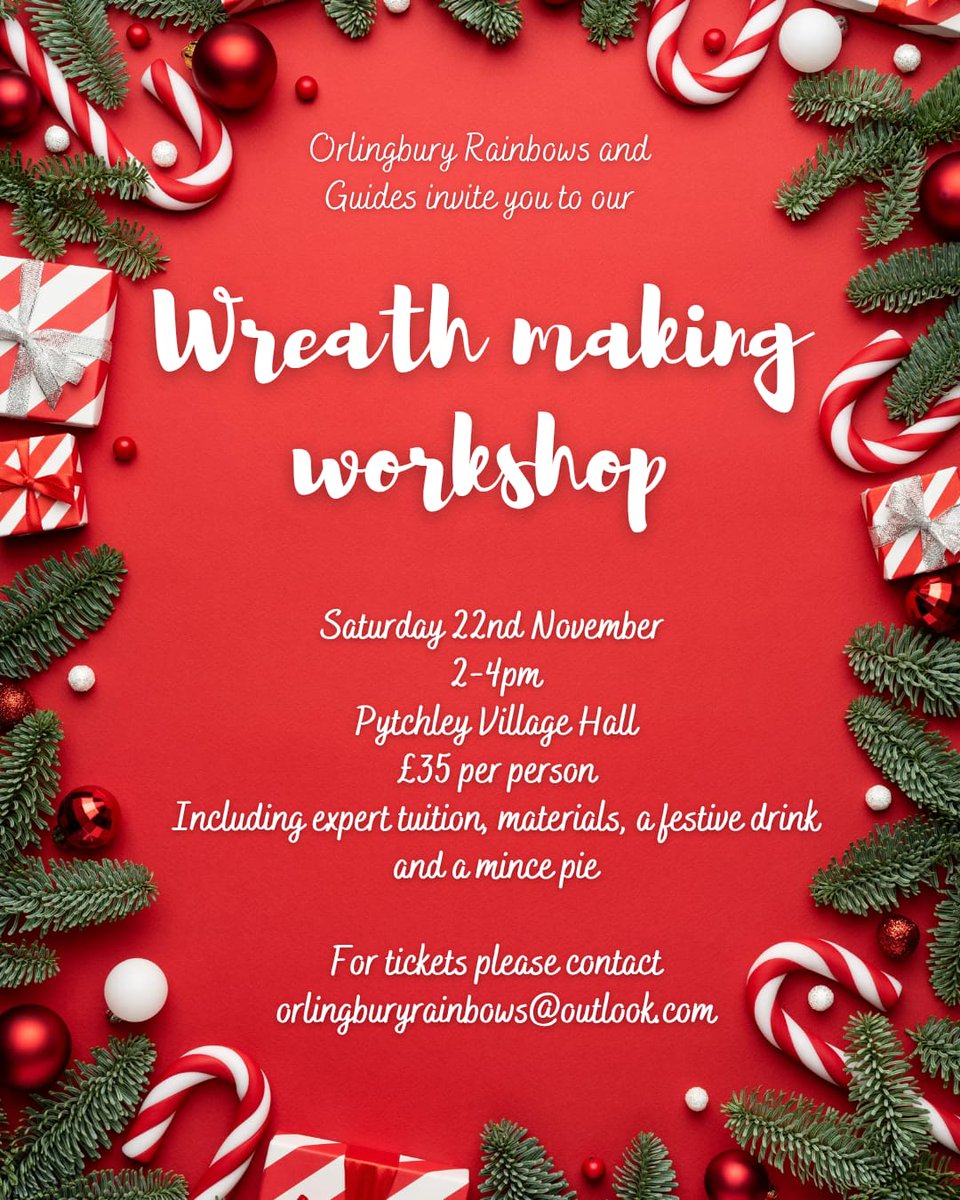 Carly Sanders (@carlz_t) on Twitter photo 1st Orlingbury Rainbows and Guides would like to warmly invite you to our wreath making workshop.
Saturday 22nd November, 2pm-4pm
Pytchley Village Hall
£35 including materials, tuition and refreshments
For tickets, please email orlingburyrainbows@outlook.com
Thank you 🌈x 1st Orlingbury Rainbows and Guides would like to warmly invite you to our wreath making workshop.
Saturday 22nd November, 2pm-4pm
Pytchley Village Hall
£35 including materials, tuition and refreshments
For tickets, please email orlingburyrainbows@outlook.com
Thank you 🌈x
