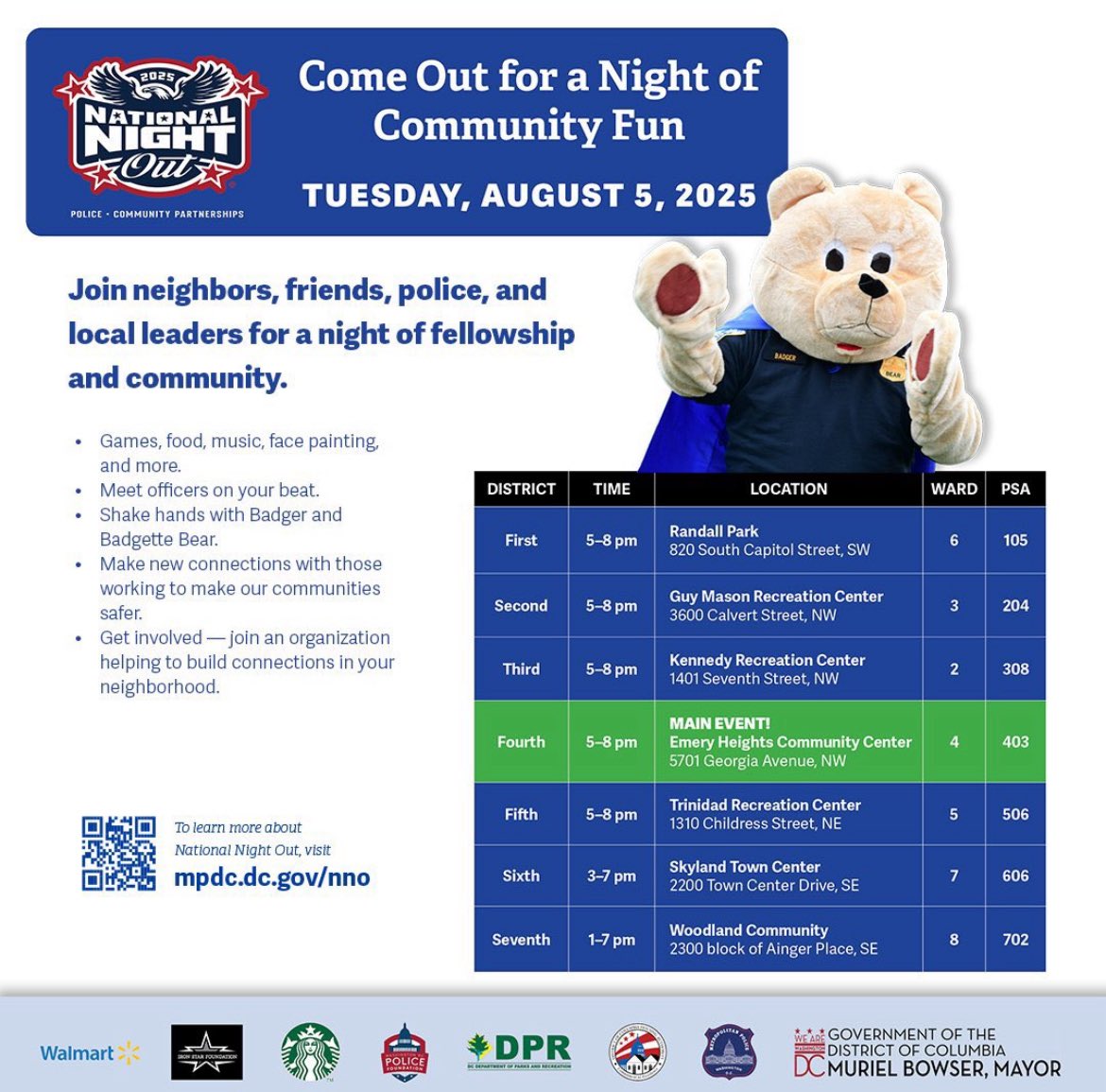 Join us this evening from 5-8pm for National Night Out! 

✨ Meet MPD officers 
✨ Free Food 
✨ Games 
✨ Music and More 

📍Find your nearest event: 👉💻 mpdc.dc.gov/nno