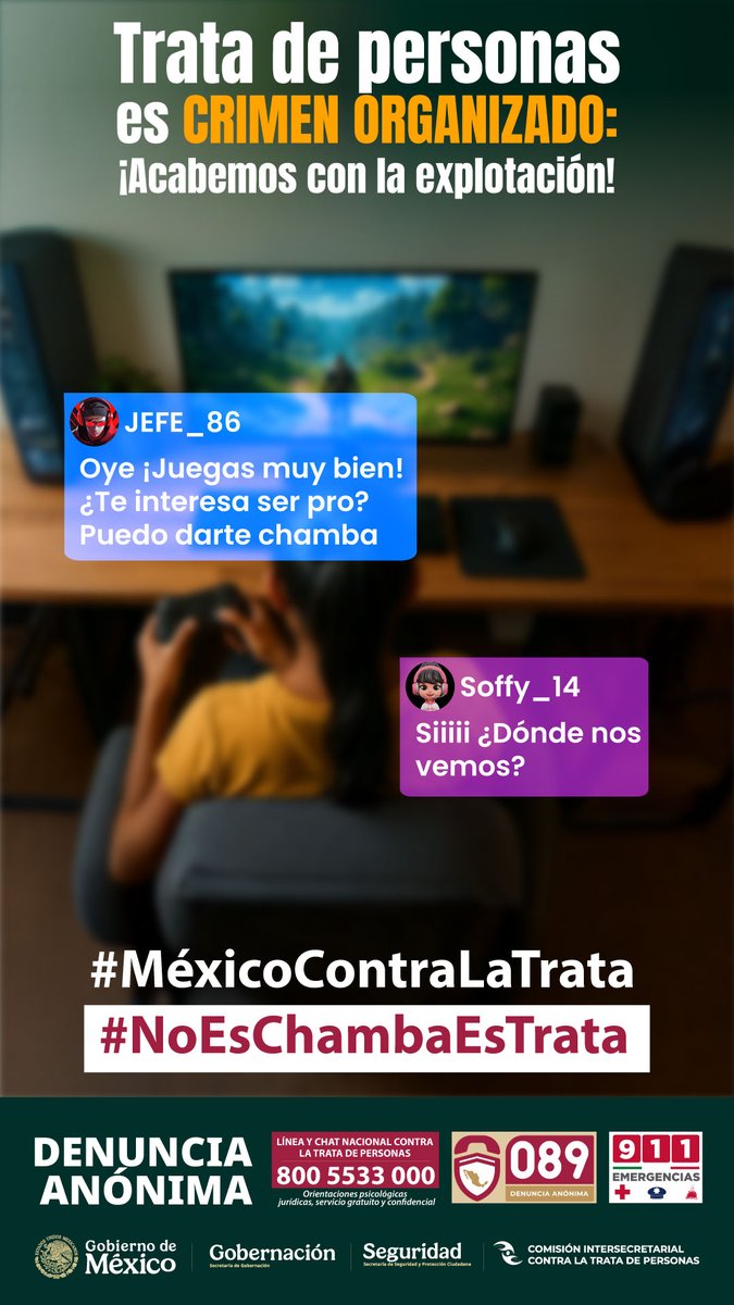 🔵 La trata de personas es crimen organizado, acabemos con la explotación.
🚨 Tu denuncia es importante y puede salvar vidas.
☎ Si detectas un caso, llama a la línea nacional contra la trata de personas.

#MéxicoContraLaTrata #TrataDePersonas #noeschambaestrata