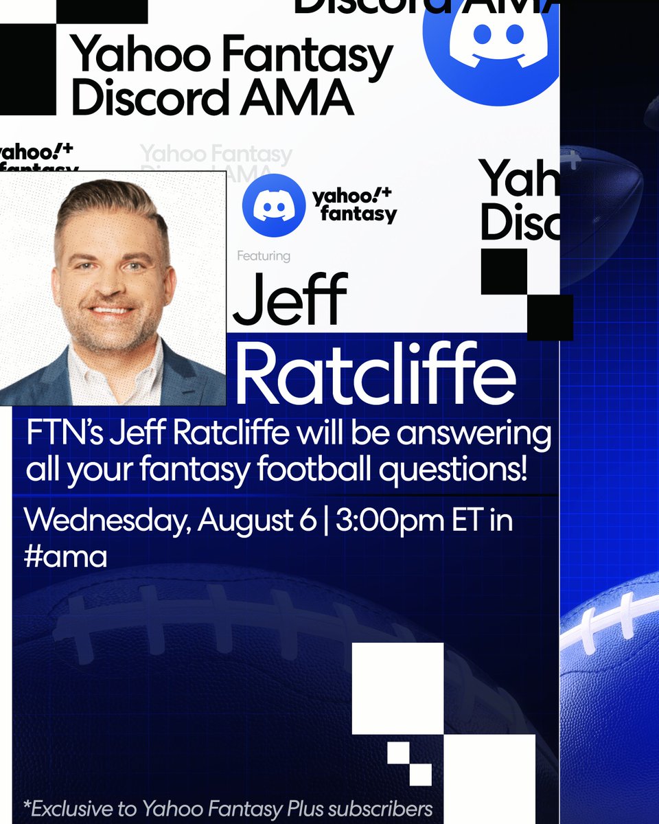 Yahoo Fantasy Sports (@yahoofantasy) on Twitter photo We're hosting an AMA with <a href="/JeffRatcliffe/">Jeff Ratcliffe</a> from <a href="/FTNFantasy/">FTN Fantasy</a> tomorrow August 6th at 3pm ET on the Yahoo Fantasy Discord!
Join the Discord with Yahoo Fantasy Plus: yahoo.com/plus/fantasy We're hosting an AMA with <a href="/JeffRatcliffe/">Jeff Ratcliffe</a> from <a href="/FTNFantasy/">FTN Fantasy</a> tomorrow August 6th at 3pm ET on the Yahoo Fantasy Discord!
Join the Discord with Yahoo Fantasy Plus: yahoo.com/plus/fantasy
