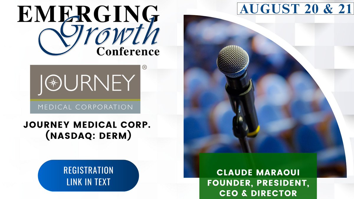 Emerging Growth Conference (@emerginggrowthc) on Twitter photo $DERM Live Emerging Growth Conference 85 - August 20 & 21
Register:
goto.webcasts.com/starthere.jsp?…
Questions for the Company? Questions@EmergingGrowth.com
To Present:
305-330-1985
Conference@EmergingGrowth.com $DERM Live Emerging Growth Conference 85 - August 20 & 21
Register:
goto.webcasts.com/starthere.jsp?…
Questions for the Company? Questions@EmergingGrowth.com
To Present:
305-330-1985
Conference@EmergingGrowth.com