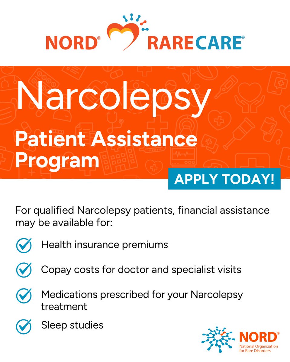 RareDiseases's tweet image. NORD is proud to support the #Narcolepsy community through our RareCare Patient Assistance Program. Qualified patients may receive financial assistance for:
• #Sleep studies
• Health insurance premiums
• Copay costs for doctor and specialist visits
• Medications prescribed