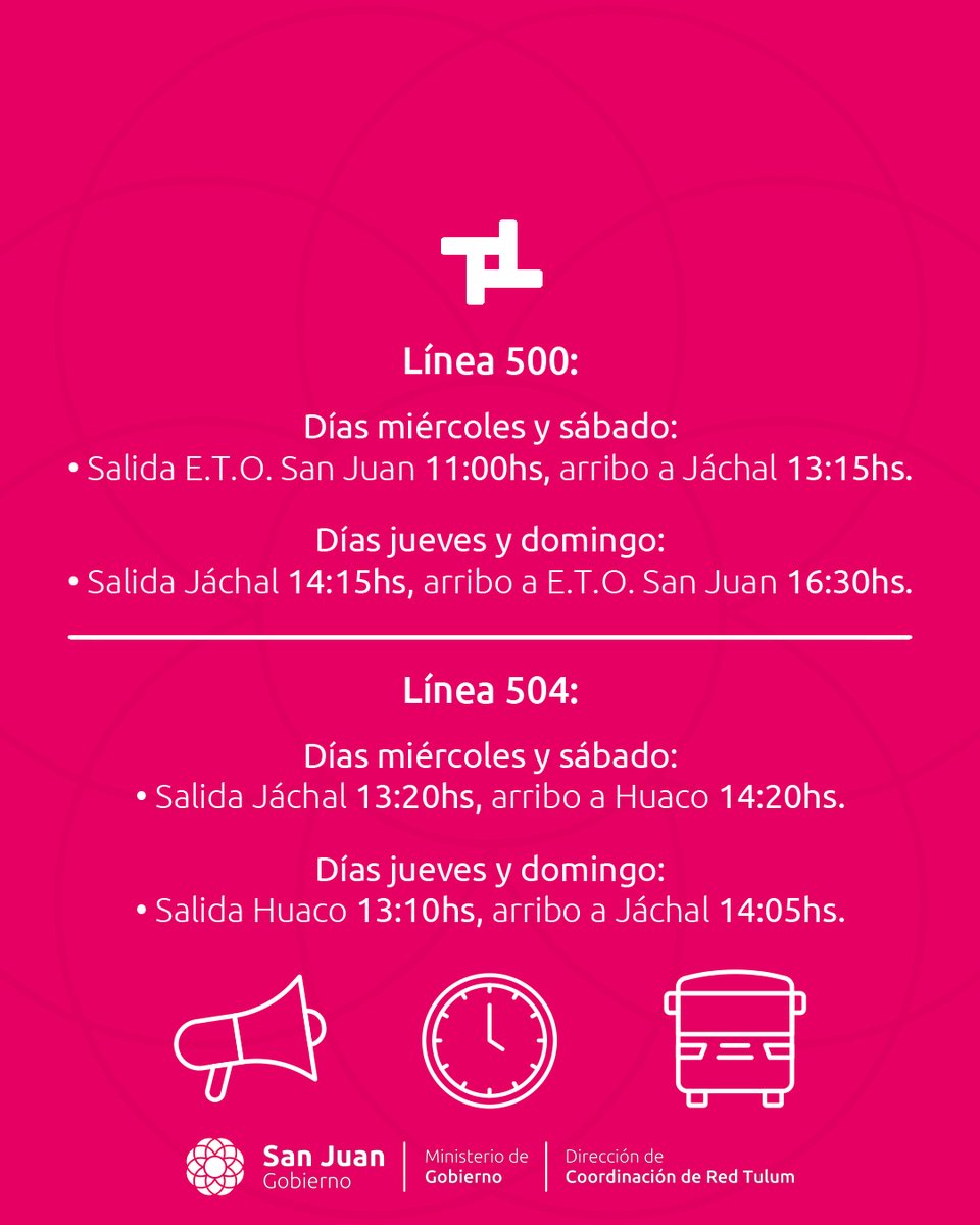 🕓🚍Más frecuencias para líneas 500 y 504 🚍🕓

📌¡Informate y no te quedes sin viajar!

<a href="/MinGobSanJuan/">MINGOB San Juan</a> 
<a href="/sisanjuanok/">sisanjuanok</a> 

#RedTulum #MinGobierno #LauraPalma #TránsitoyTransporte #SUBE #MarceloOrrego #SanJuan #SanJuanArgentina