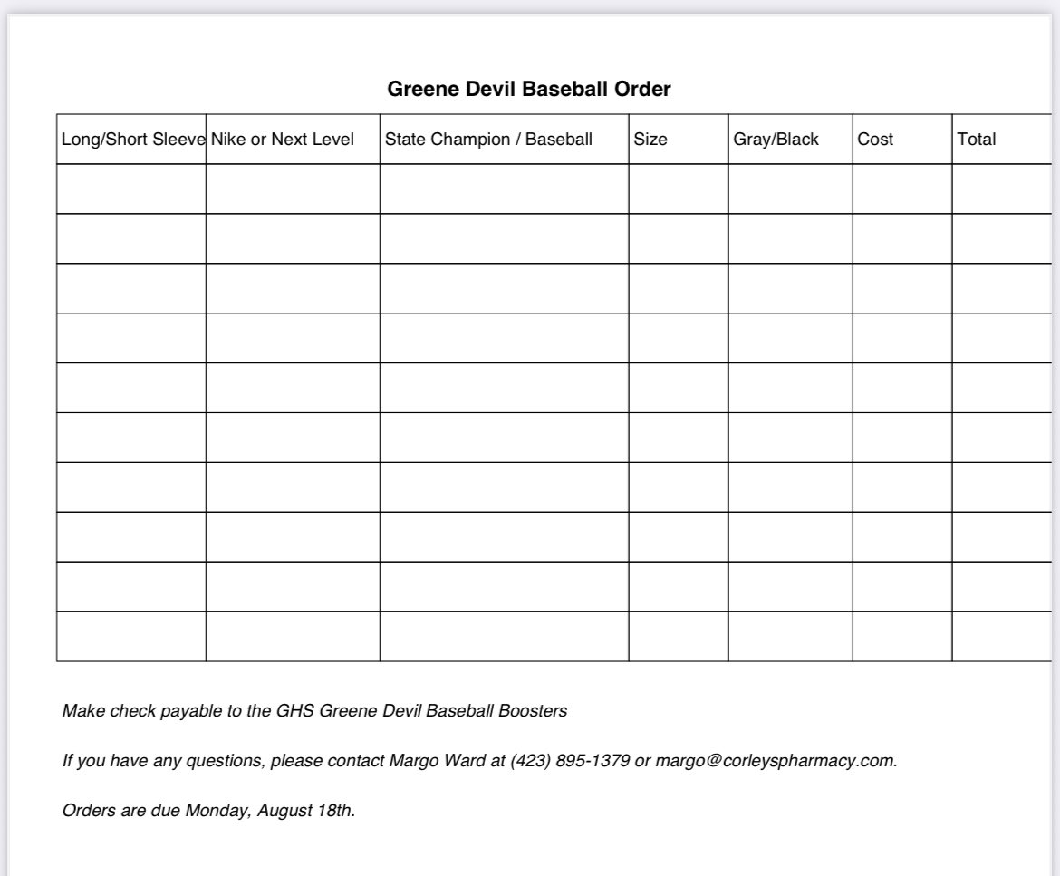 Greene Devils Baseball (@ghsdevilsbball) on Twitter photo Attached is the order form you can use to purchase State Championship Baseball Gear. You can drop your orders off at Corley's Pharmacy or hand to Margo Ward. Remember the due date is Monday, August 20th.
Margo Ward
margo@corleyspharmacy.com
(423) 895-1379 Attached is the order form you can use to purchase State Championship Baseball Gear. You can drop your orders off at Corley's Pharmacy or hand to Margo Ward. Remember the due date is Monday, August 20th.
Margo Ward
margo@corleyspharmacy.com
(423) 895-1379