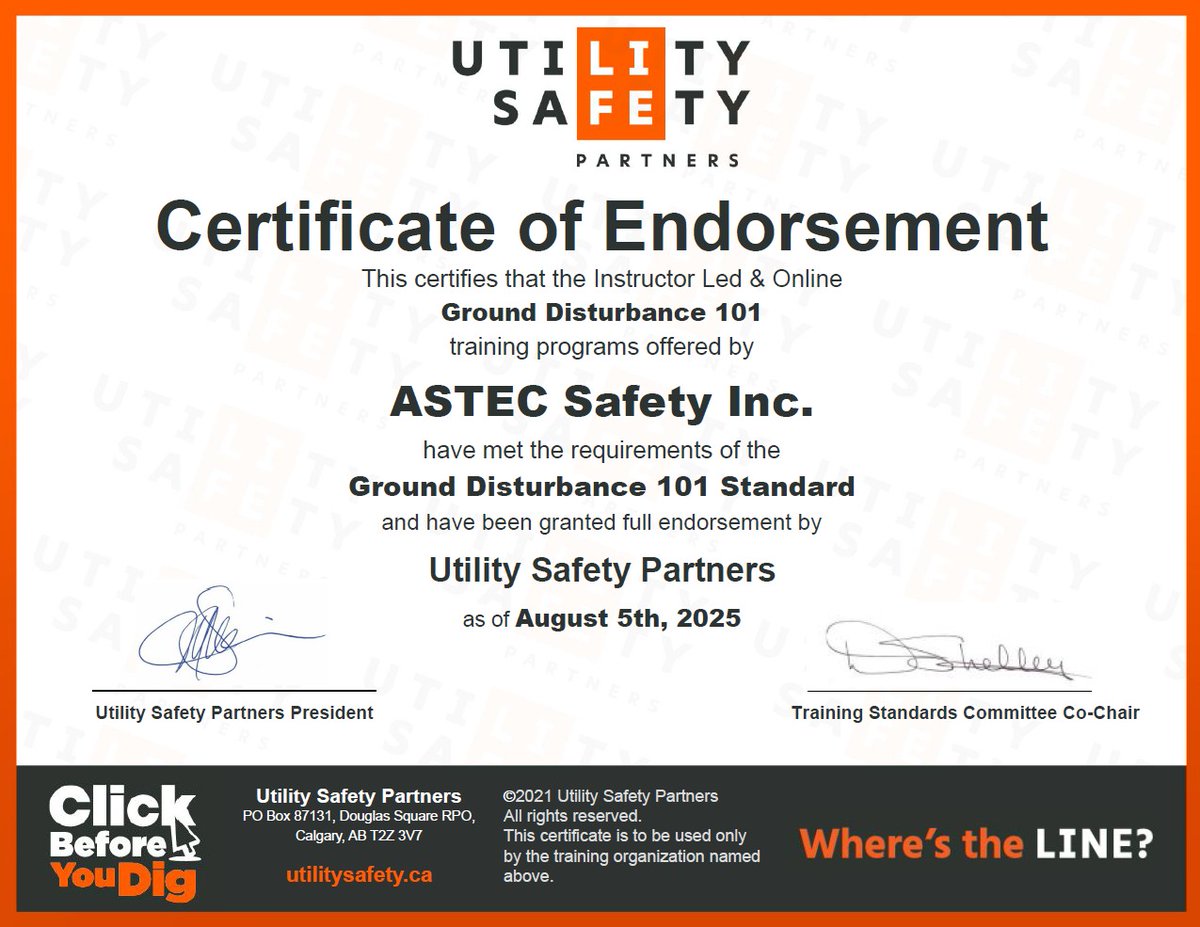 Achieved  @UtilitySafetyPartner re-endorsement of our Ground Disturbance 101 (Operations Level) On-line &amp; Instructor-Led training programs. Regarded as leaders in the Damage Prevention. (780) 875-0331 Branches in #Lloydminster #Provost #Bonnyville 3rd Party training orgs (Canada)