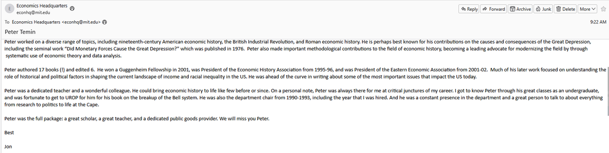 My dear friend, colleague and coauthor Peter Temin has passed away.