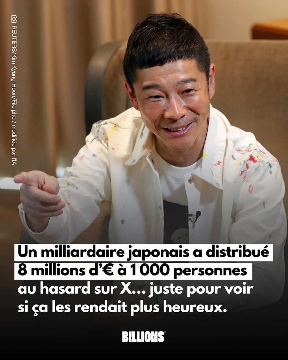 miguelson_leger's tweet image. Le milliardaire japonais Yusaku Maezawa a lancé en janvier 2020 une "expérience sociale" lors de laquelle il a distribué 1 milliard de yens soit ~8 millions d’€ à 1 000 personnes choisies au hasard parmi celles qui avaient retweeté son message sur X. 🇯🇵