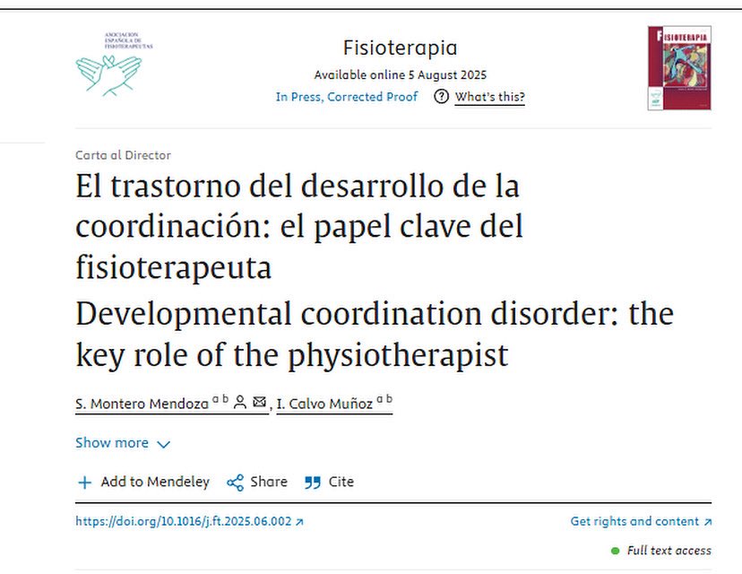 ¡Nueva publicación!
Como coautora, junto a Sergio Montero, comparto nuestro artículo sobre el papel del fisioterapeuta en el Trastorno del Desarrollo de la Coordinación (TDC).
🔗 Acceso gratuito 50 días: authors.elsevier.com/c/1lYiqm6gAel6R
#TDC #Fisioterapia #Neurodesarrollo