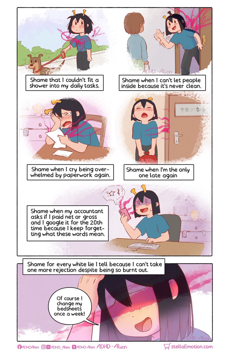 ADHD_Alien's tweet image. Shame is one of the hardest things about ADHD for me. I'm back and the book is finished but instead of feeling proud, I feel ashamed for not having managed to stay active online, manage my household better or even shower regularly.