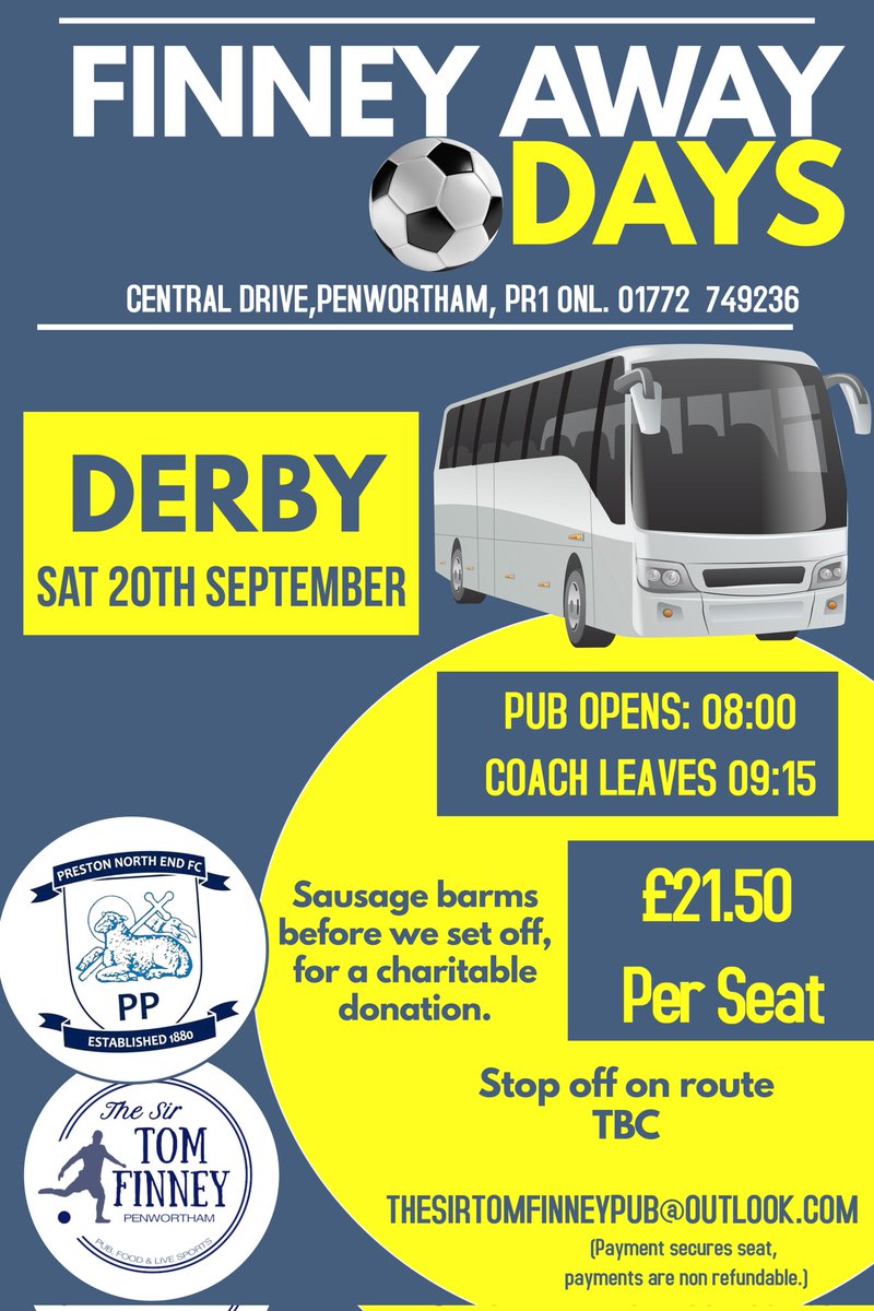 Our first trip of the football season ➡️ DERBY 💙

📅20th September 
📍 Pride Park 

To book, message the pub or email thesirtomfinneypub@outlook.com 

Seats reserved once payment is made, seats are NON REFUNDABLE. 

You must purchase your own match ticket. 

#coyw