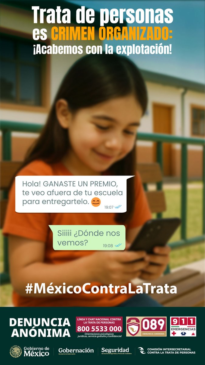 🔵 La trata de personas es crimen organizado, acabemos con la explotación.
🚨 Tu denuncia es importante y puede salvar vidas.
☎ Si detectas un caso, llama a la línea nacional contra la trata de personas.

#MéxicoContraLaTrata #TrataDePersonas #noeschambaestrata