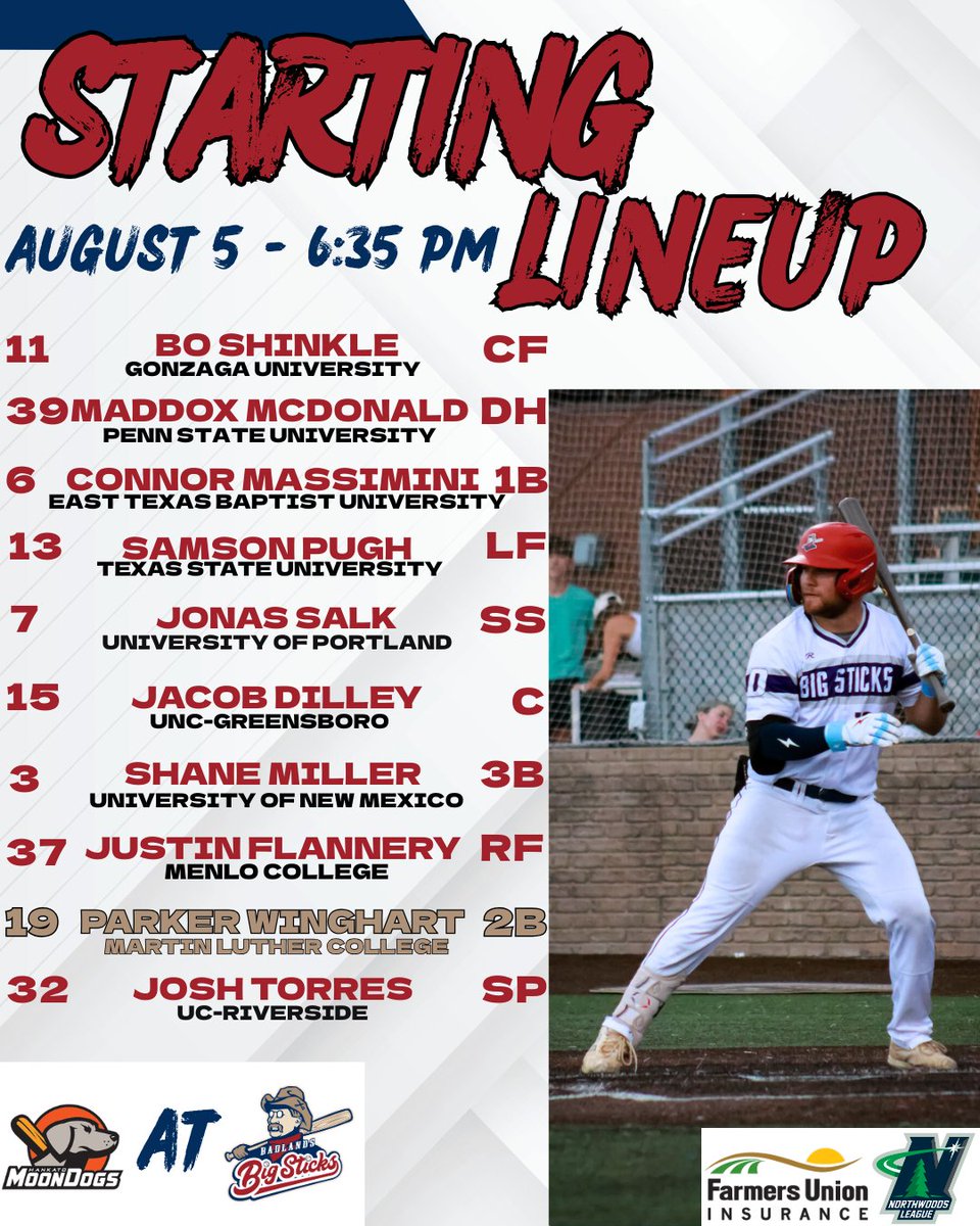 ⚠️LINEUP⚠️

Here's today's lineup for tonight's game in Game 2 of the 2-game series against the Mankato Moondogs!!! Don't forget to tune in to Northwoods League+. LET'S GO STICKS!!!

#northwoodsleague #badlandsbigsticks #stixnationnd #baseball #homegame