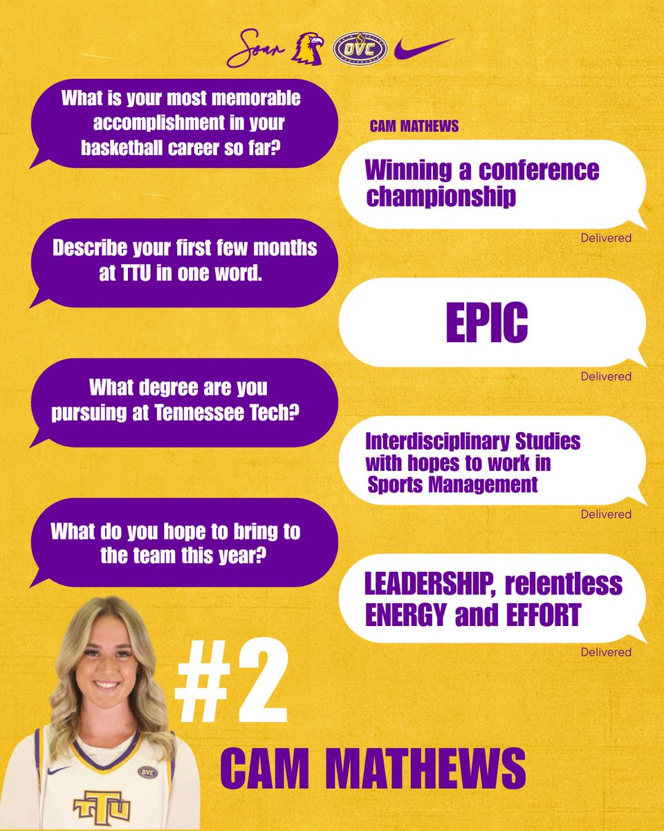 Tennessee Tech Women’s Basketball (@ttuwbb) on Twitter photo Golden Eagle fans, meet senior transfer Cam Mathews who is ready to have an EPIC 2025-2026 season! 🏆 From Keller, Texas to Cookeville, she’s prepared to make her mark on and off the court. #wingsup #rosterdrop Golden Eagle fans, meet senior transfer Cam Mathews who is ready to have an EPIC 2025-2026 season! 🏆 From Keller, Texas to Cookeville, she’s prepared to make her mark on and off the court. #wingsup #rosterdrop