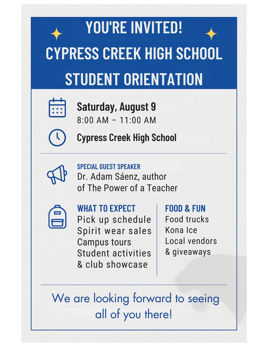 🎉 YOU'RE INVITED! 🎉
✅ Pick up your class schedule
✅ Spirit wear sales
✅ Campus tours
✅ Student activities &amp; club showcase
🍧 Food &amp; Fun:
🎉 Food trucks
🍧 Kona Ice
🛍️ Local vendors &amp; giveaways
#CFISDspirit #AHHCC