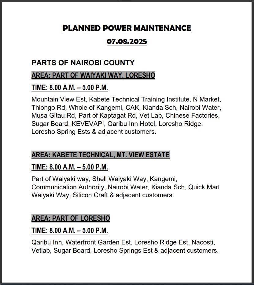 KenyaPower_Care's tweet photo. Hello. Please be advised, the following areas will be on planned maintenance tomorrow 07.08.2025
^DB