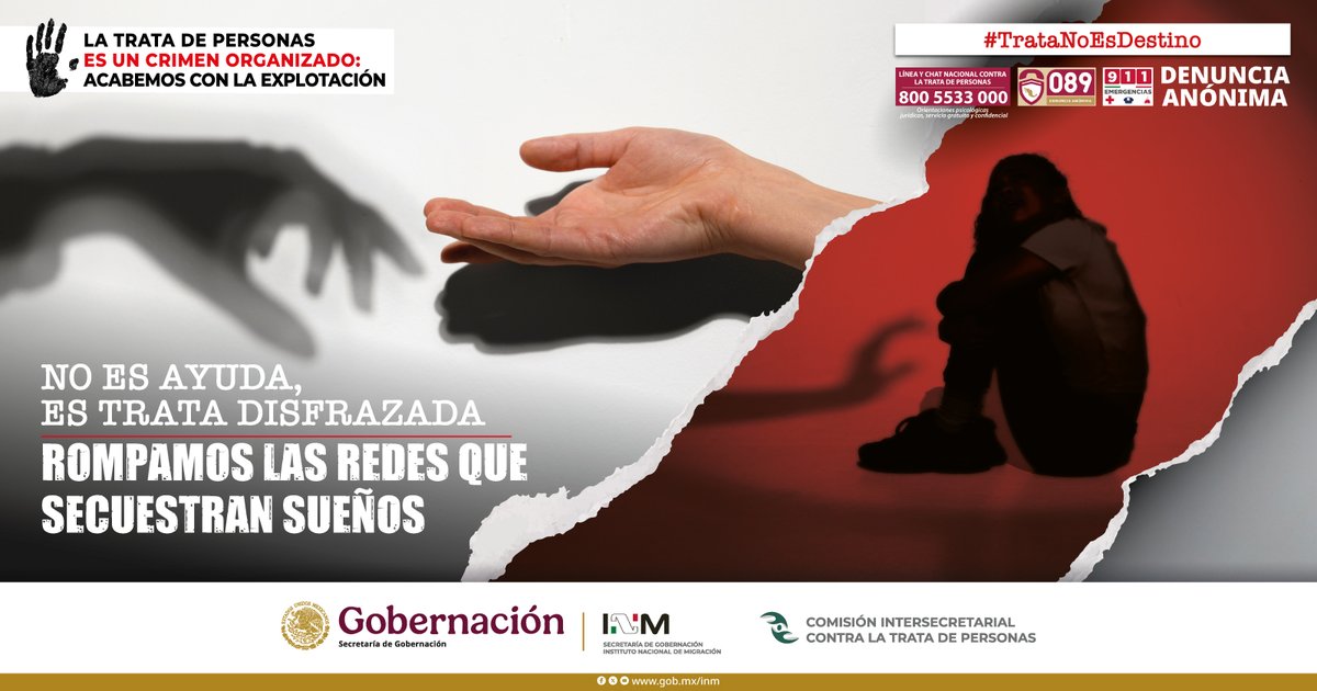 🔵 La trata de personas es crimen organizado, acabemos con la explotación.
🚨 Tu denuncia es importante y puede salvar vidas.
☎ Si detectas un caso, llama a la línea nacional contra la trata de personas.

#MéxicoContraLaTrata #TrataDePersonas #tratanoesdestino