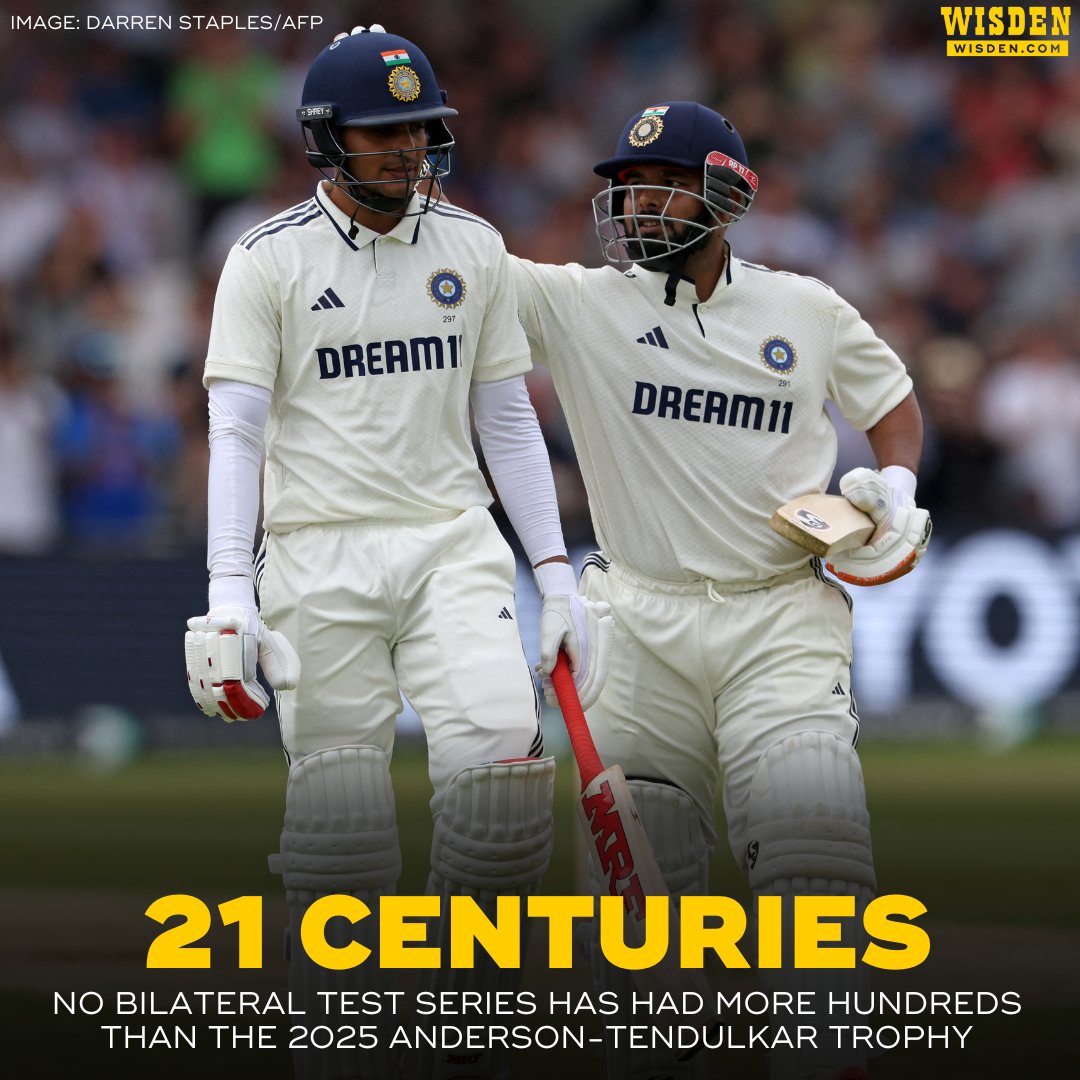 gauagg's tweet image. 🇮🇳 12 centuries
🏴󠁧󠁢󠁥󠁮󠁧󠁿 9 centuries

The 2025 Anderson-Tendulkar Trophy was a run-fest 💯

A totally of 21 centuries made in the 5 test match series. Most centuries ever in a bilateral series 

#ENGvIND #INDvsENGTest #INDvENG